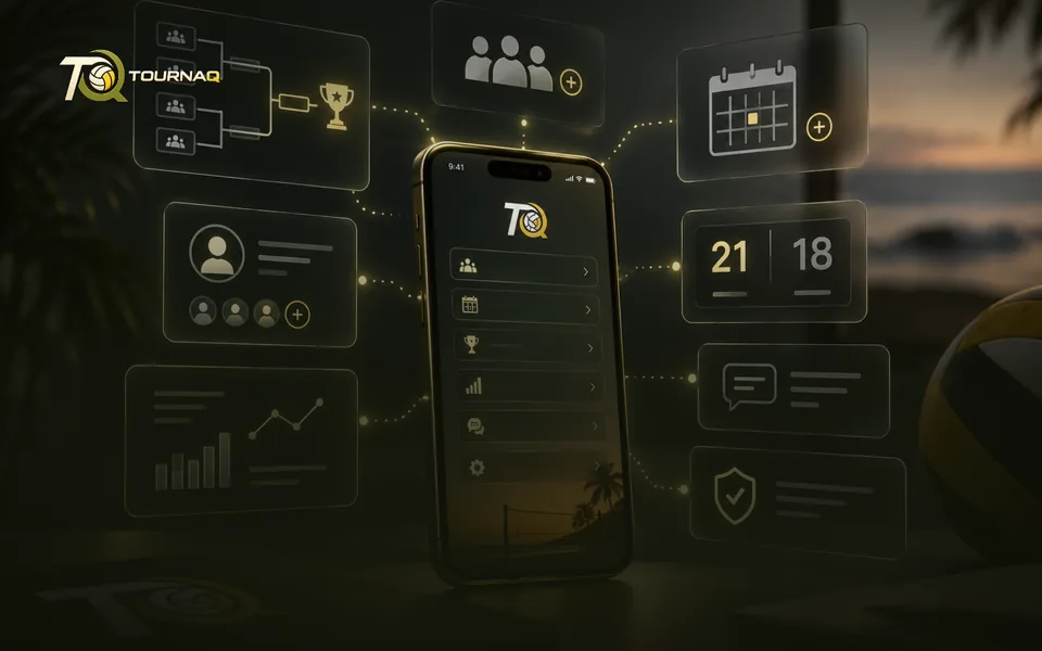 A phone showing the TournaQ home screen, surrounded by floating glass panels for brackets, players, schedule, score, chat and analytics
