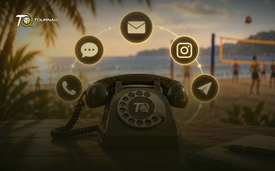 A rotary phone with a TournaQ dial on a beach table, ringed by glowing icons for mail, chat, phone, Instagram and messages, with a beach volleyball court behind it