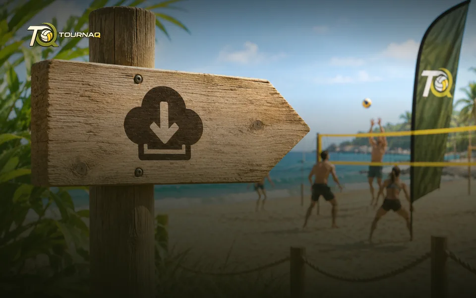 A weathered wooden signpost on the beach carrying a download symbol, a TournaQ flag and a match behind it
