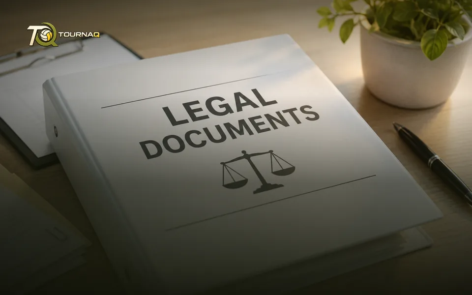A ring binder labelled Legal Documents on a desk, beside a clipboard, a pen and a plant