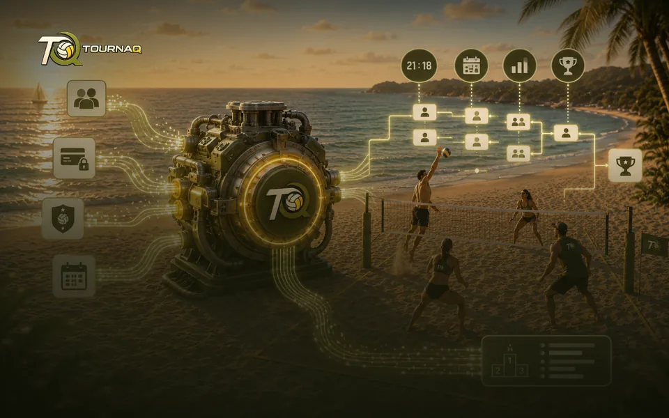 A glowing TournaQ engine on the beach, wired to schedules, brackets and results while a match is played beside it