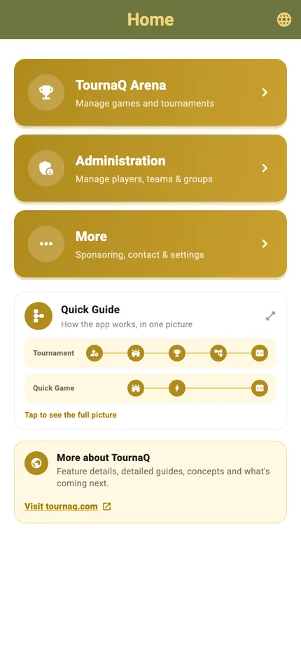 The TournaQ home screen with Arena, Administration and More
