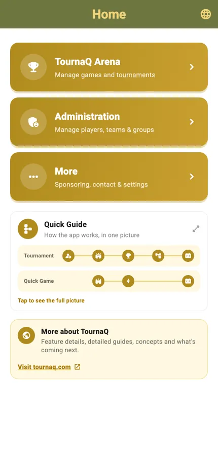 The full home screen including the Quick Guide card and the link to tournaq.com