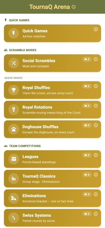 The TournaQ Arena listing quick games, social formats and the four team competitions
