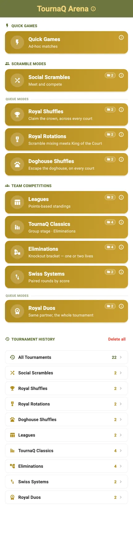 The full Arena screen with the format cards above the tournament history