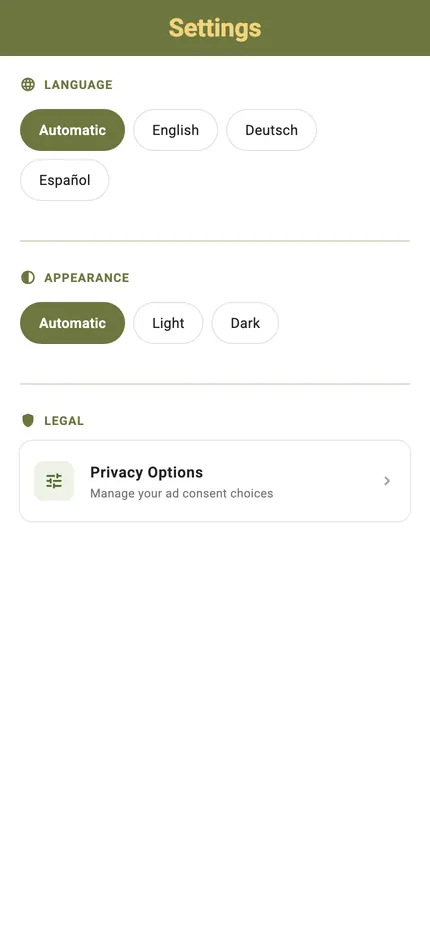 The Settings screen with language, appearance and privacy options