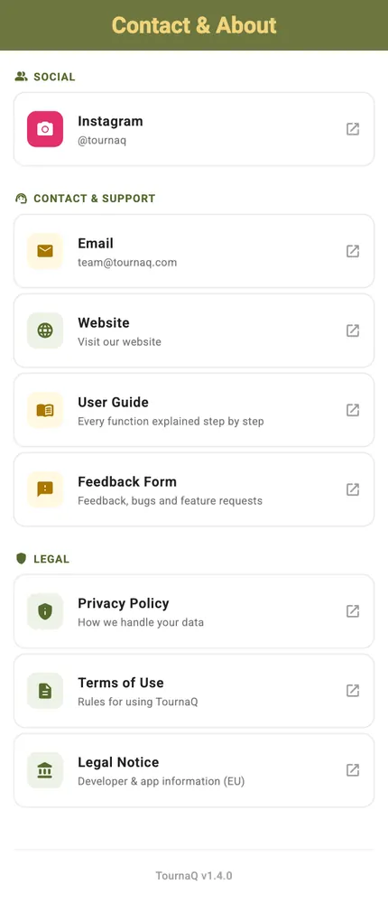 The Contact and About screen with social, support and legal links