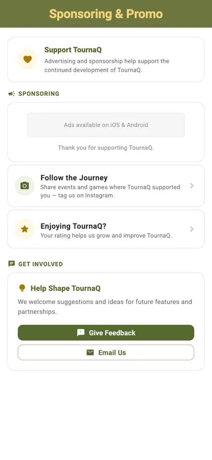 The Sponsoring and Promo screen with the ad slot, the Instagram and rating rows and the feedback card