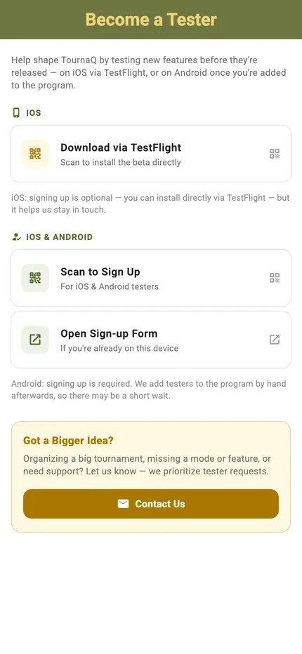 The Become a Tester screen with the TestFlight QR code and the sign-up options