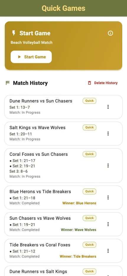 The Quick Games list showing previously scored matches