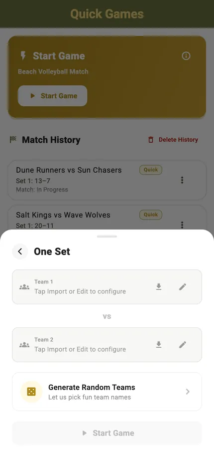 Quick Game setup: two teams named and ready, with target score and number of sets