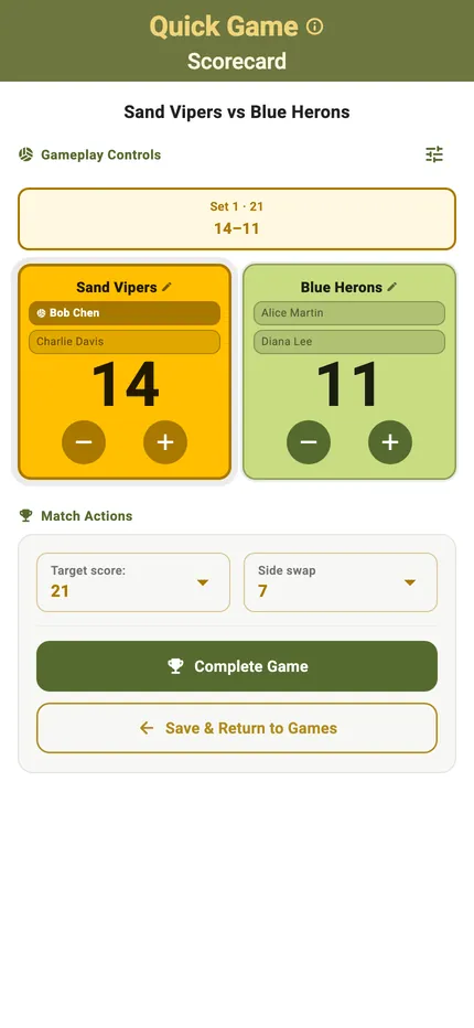 Quick Game scorecard mid-rally, with the serving side highlighted