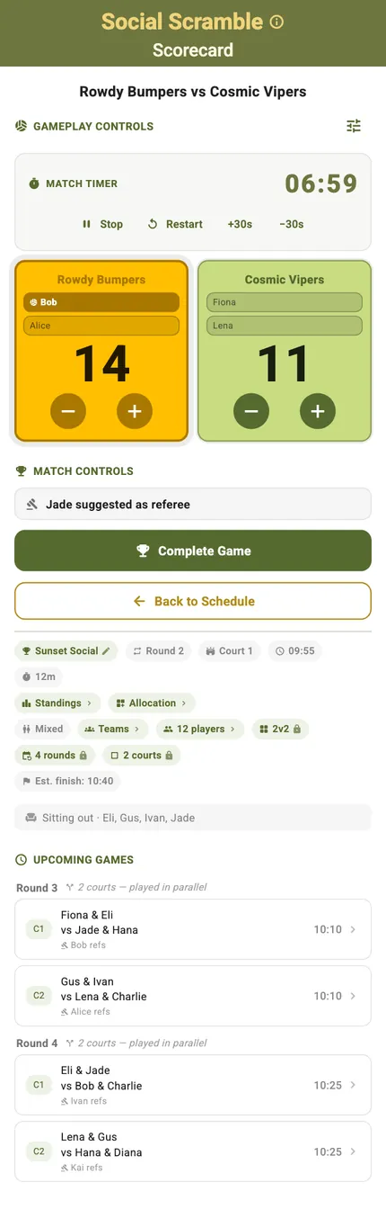 A Social Scramble scorecard mid-game, with the round timer running