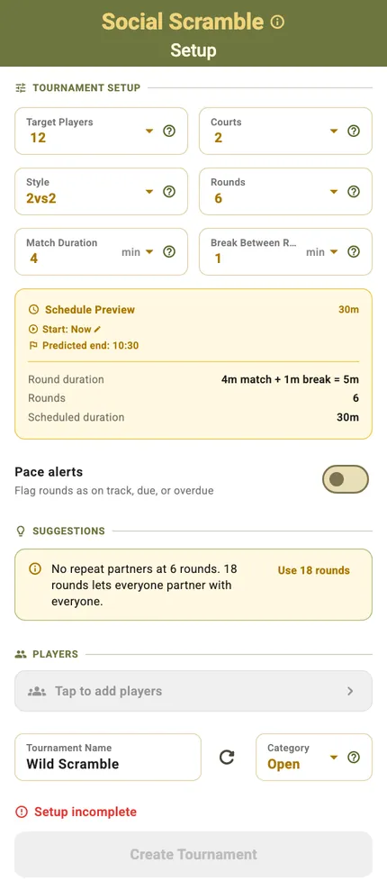 Setup warning that six rounds will not let everyone partner with everyone, offering to use eighteen