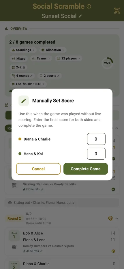 The Manually Set Score dialog on a Social Scramble schedule, one score box per side