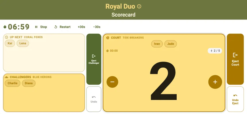 A Royal Duo court in landscape: the duo holding the court, the challenging duo and the one up next, with a five-point strike target