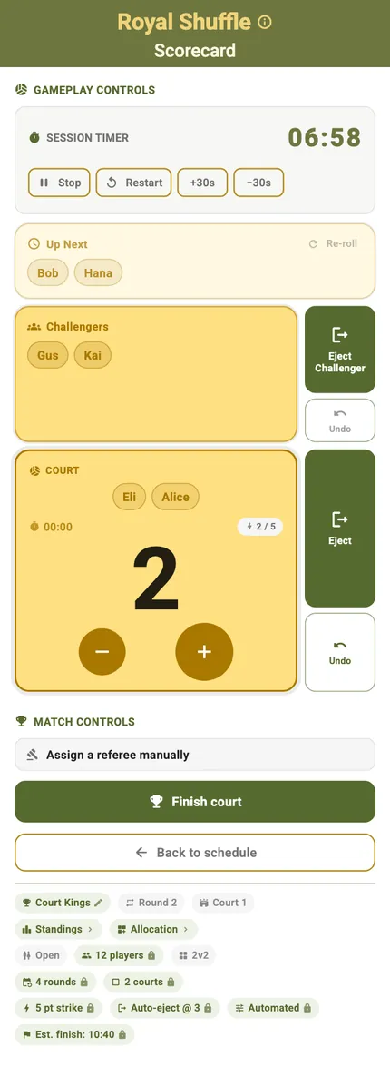 A Royal Shuffle court card with the court, the challengers and the Up Next queue