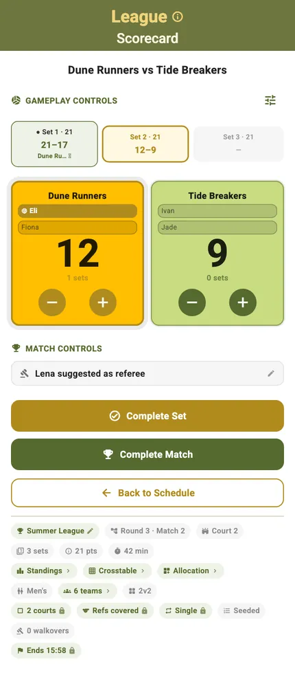A classic TournaQ scorecard mid second set of three