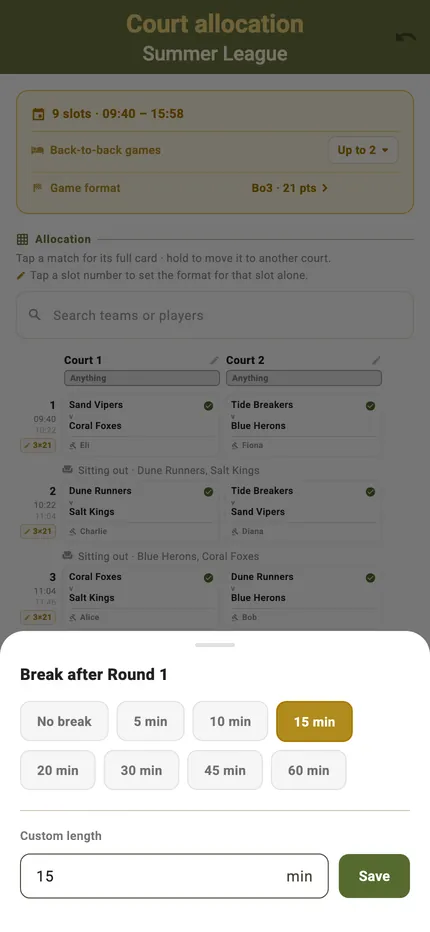 The break picker showing the player list and the length of the break