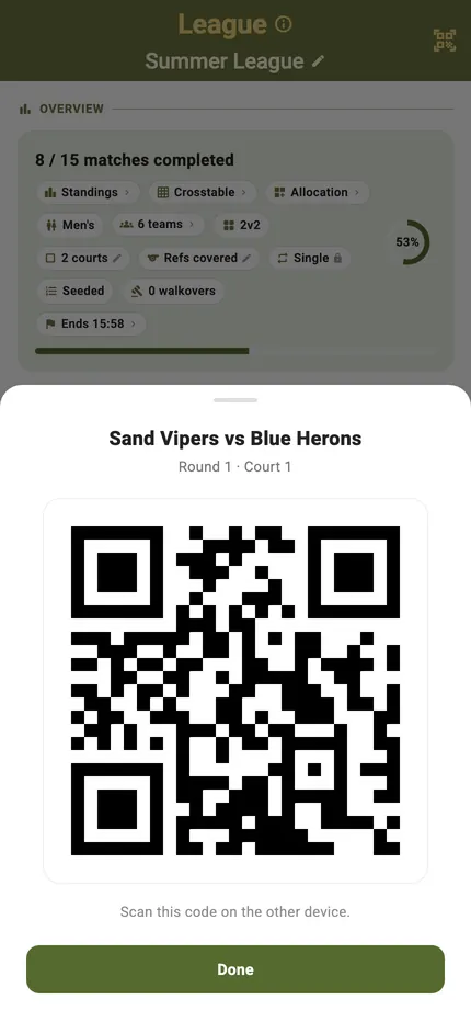 The QR export sheet showing the code for one League match