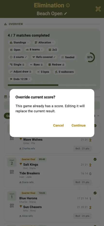 The confirmation shown before a recorded score is replaced by hand