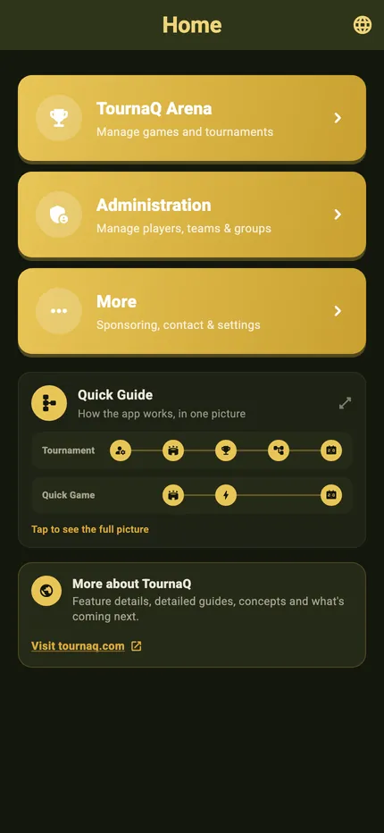The TournaQ home screen in dark mode