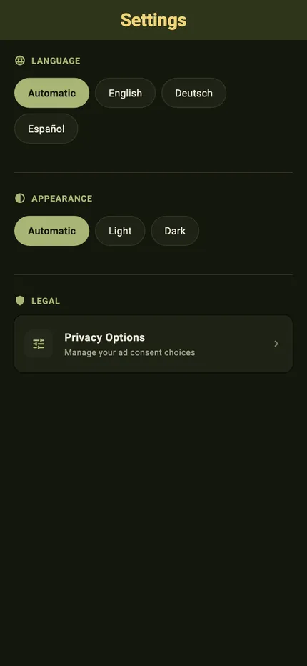 The Settings screen in dark mode, showing the Appearance chips