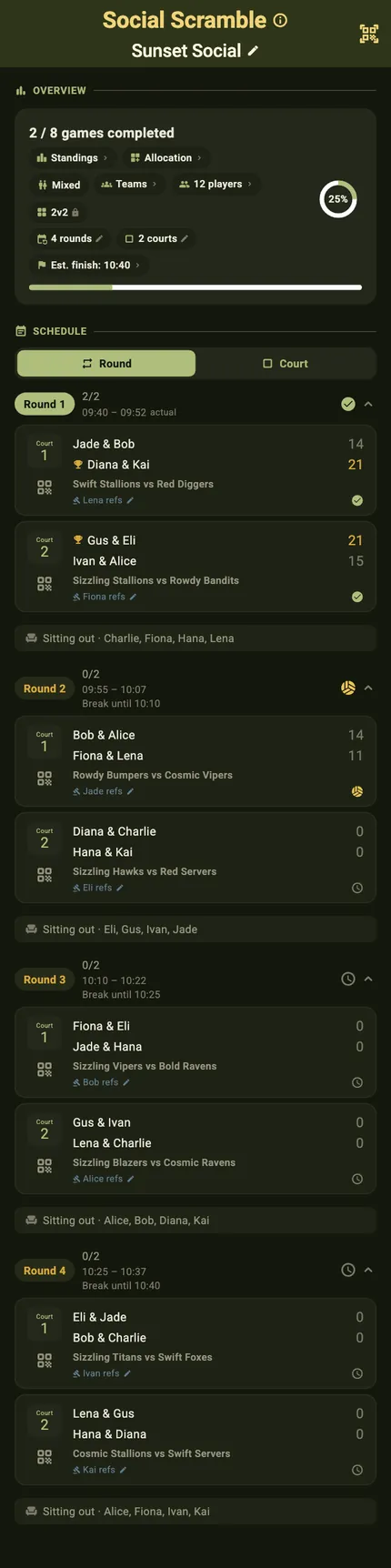 A tournament overview in dark mode