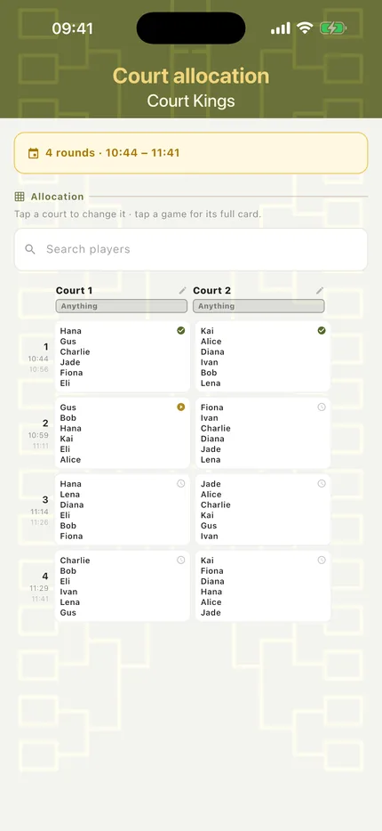 The court allocation plan shown on a phone screen