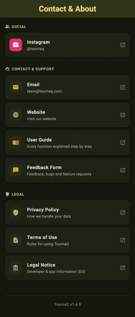 The Contact and About screen in dark mode