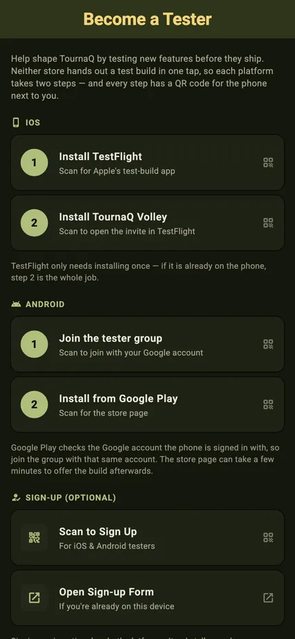 The Become a Tester screen in dark mode