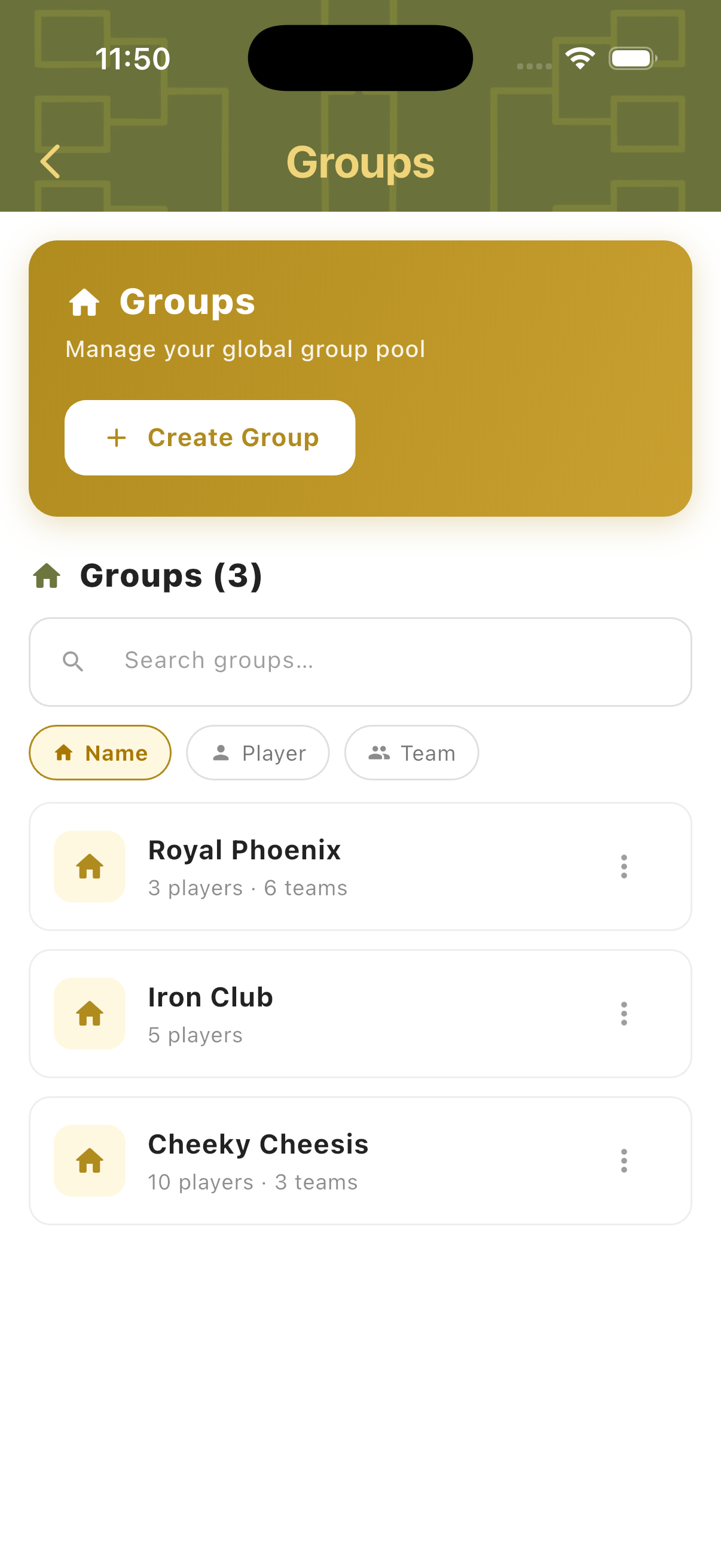Groups hub showing 3 groups with player and team counts and Name Player Team filter tabs