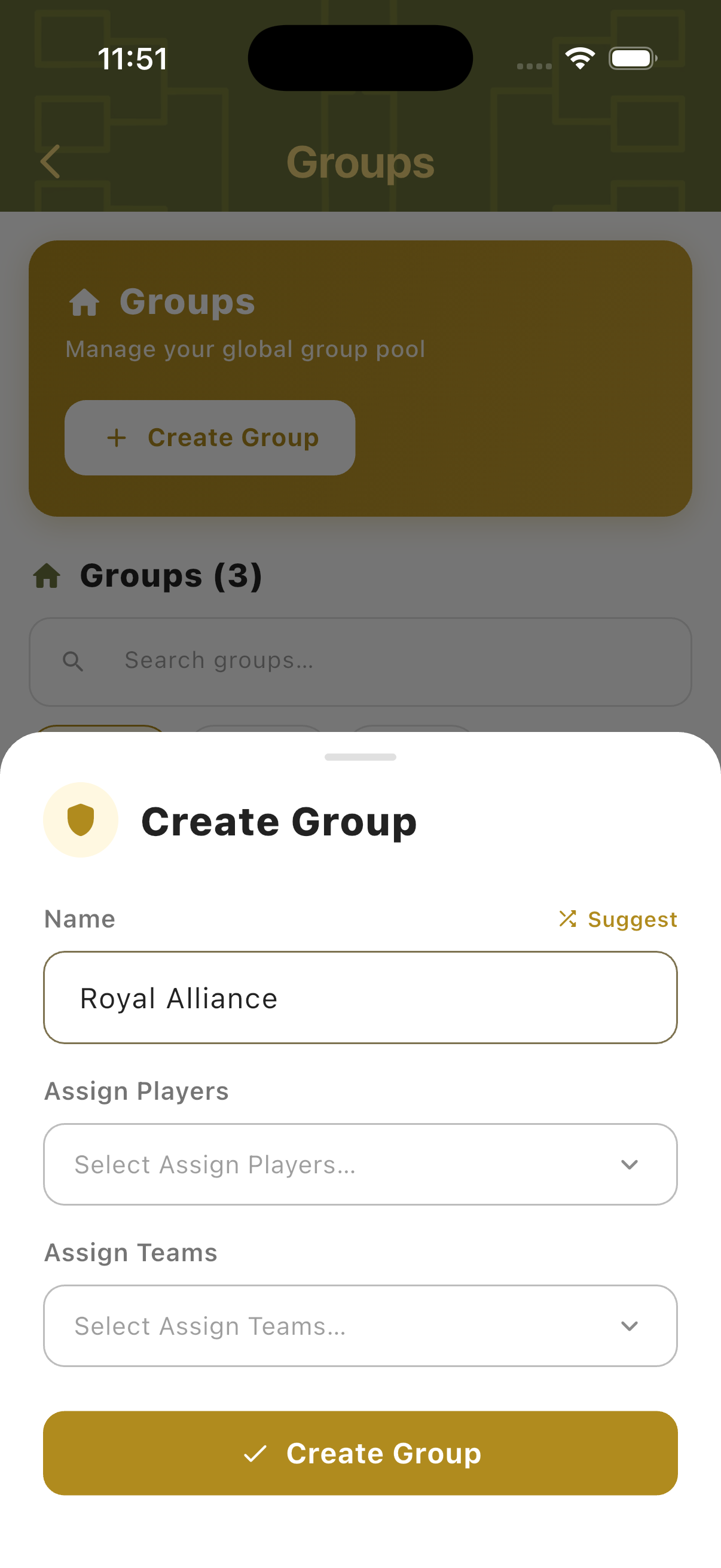 Create Group sheet showing Name field with Suggest and Assign Players and Assign Teams dropdowns
