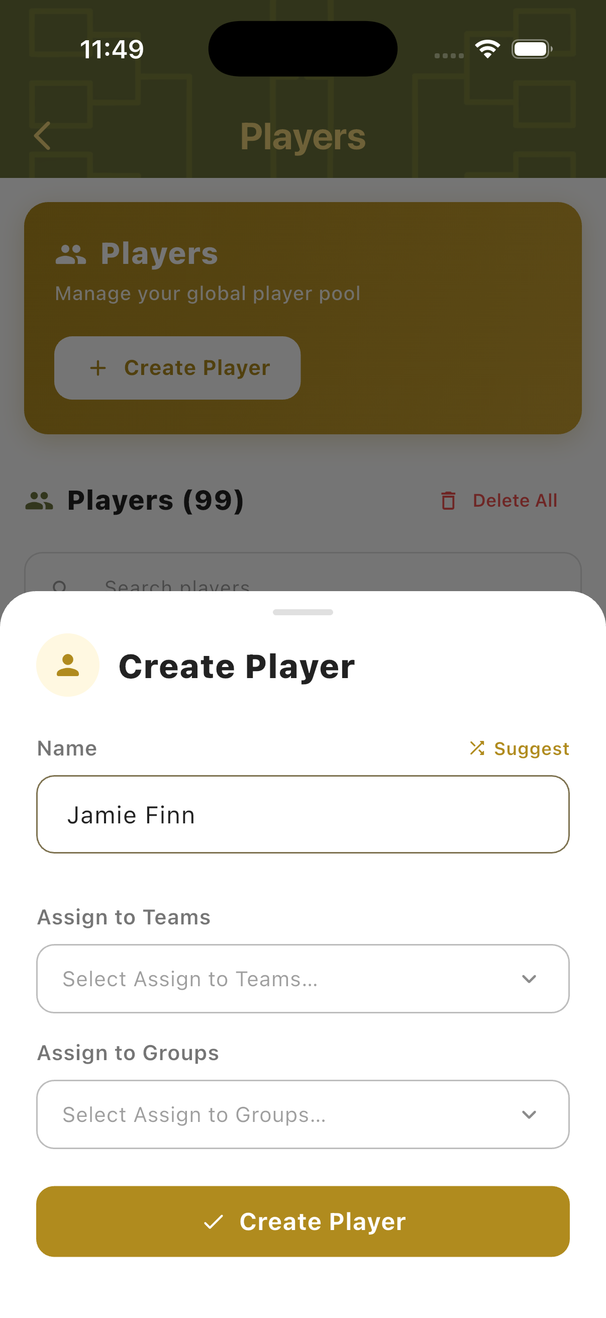 Create Player sheet showing Name field with Suggest option and Assign to Teams and Groups dropdowns
