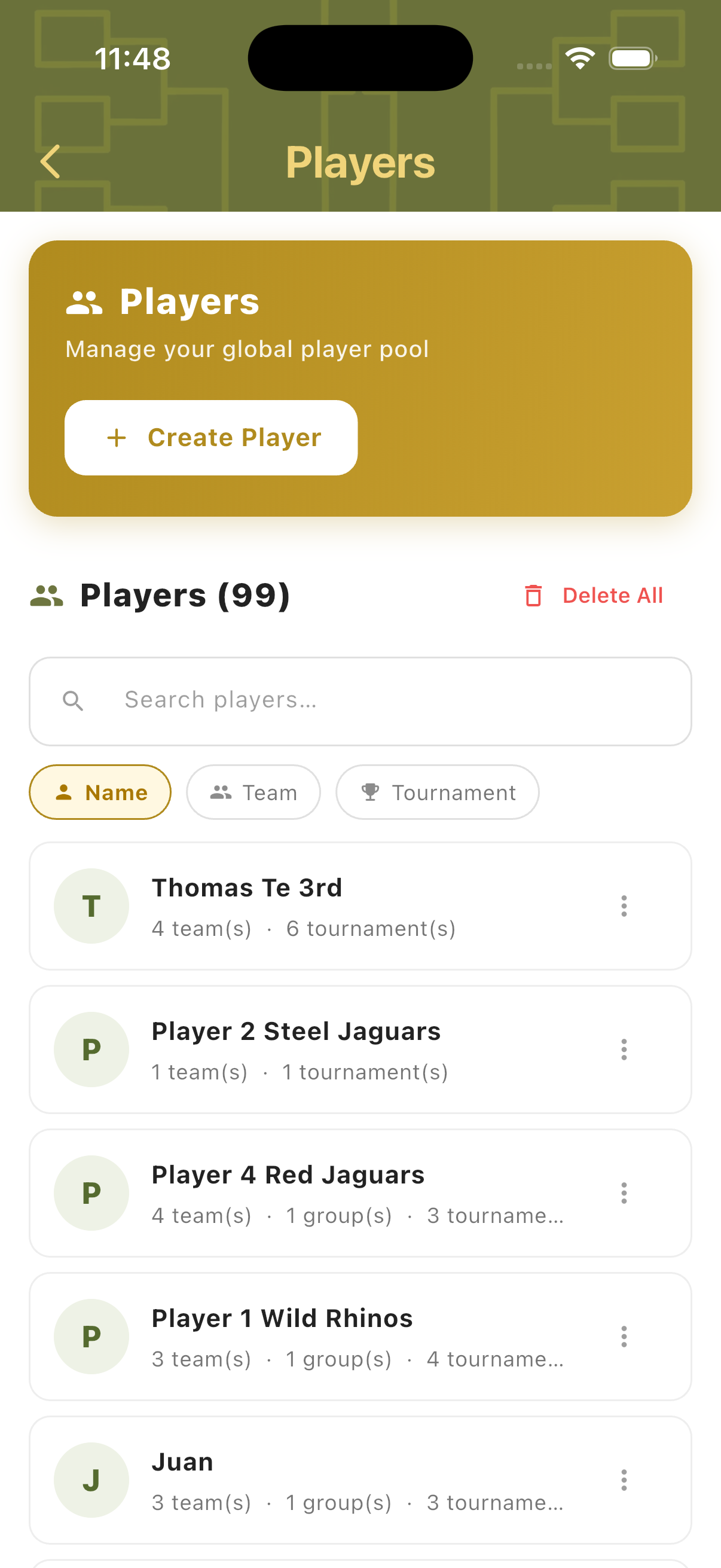 Players hub showing 99 players searchable by Name Team and Tournament with player entries
