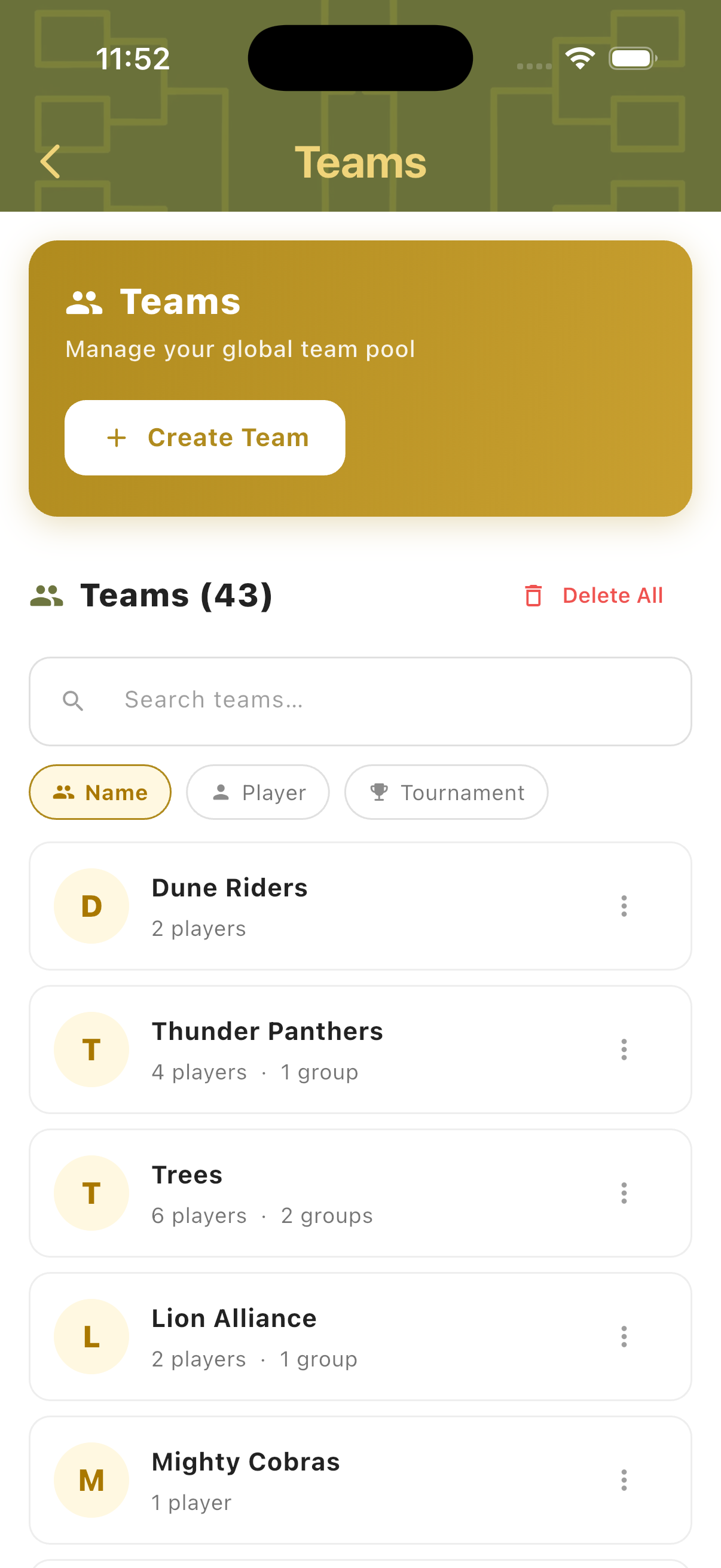 Teams hub showing 43 teams searchable by Name Player and Tournament with team entries