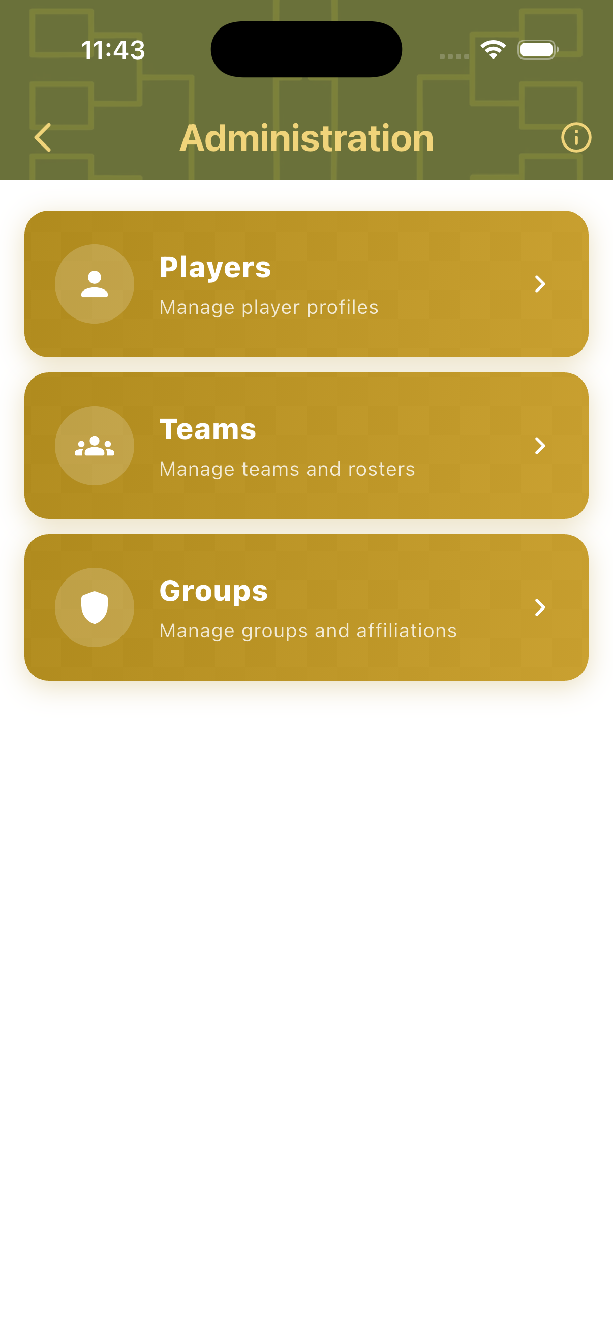 Administration hub showing Players Teams and Groups sections