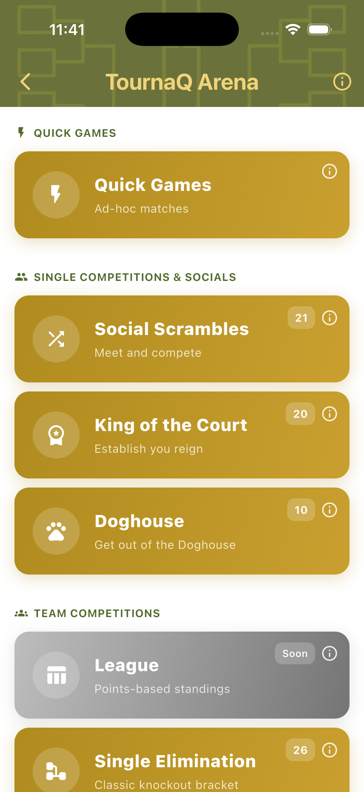 TournaQ Arena showing game modes and tournament options