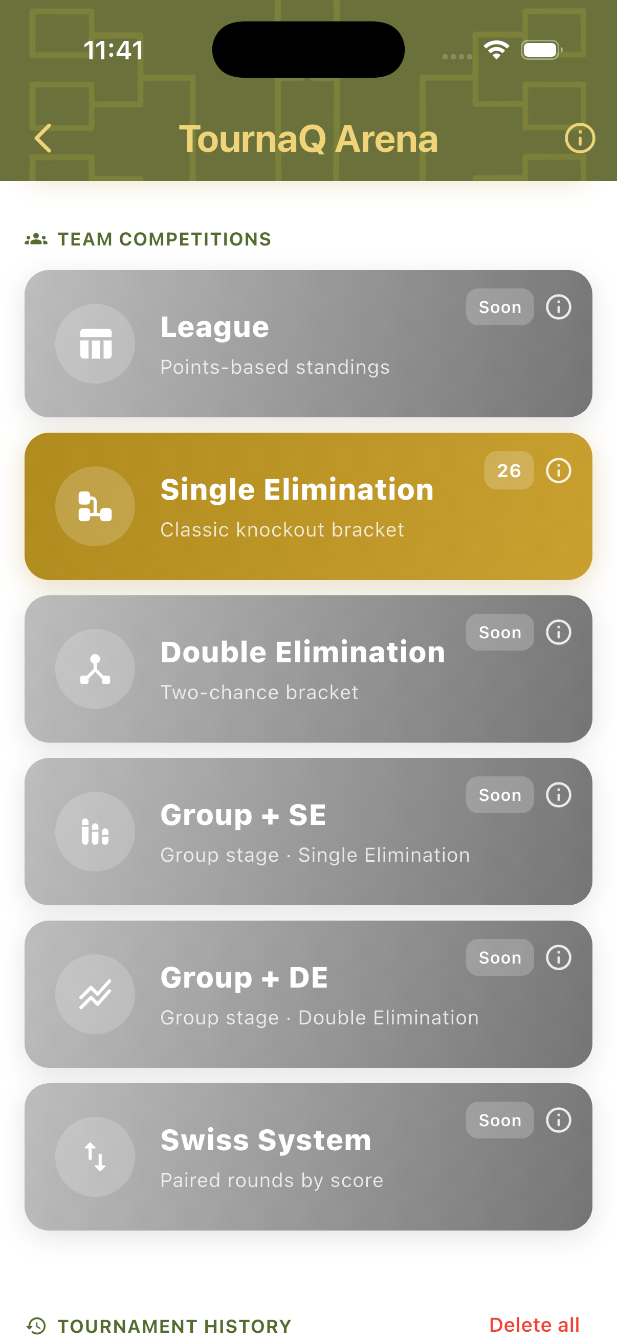 Arena Team Competitions section with Single Elimination available and other modes coming soon