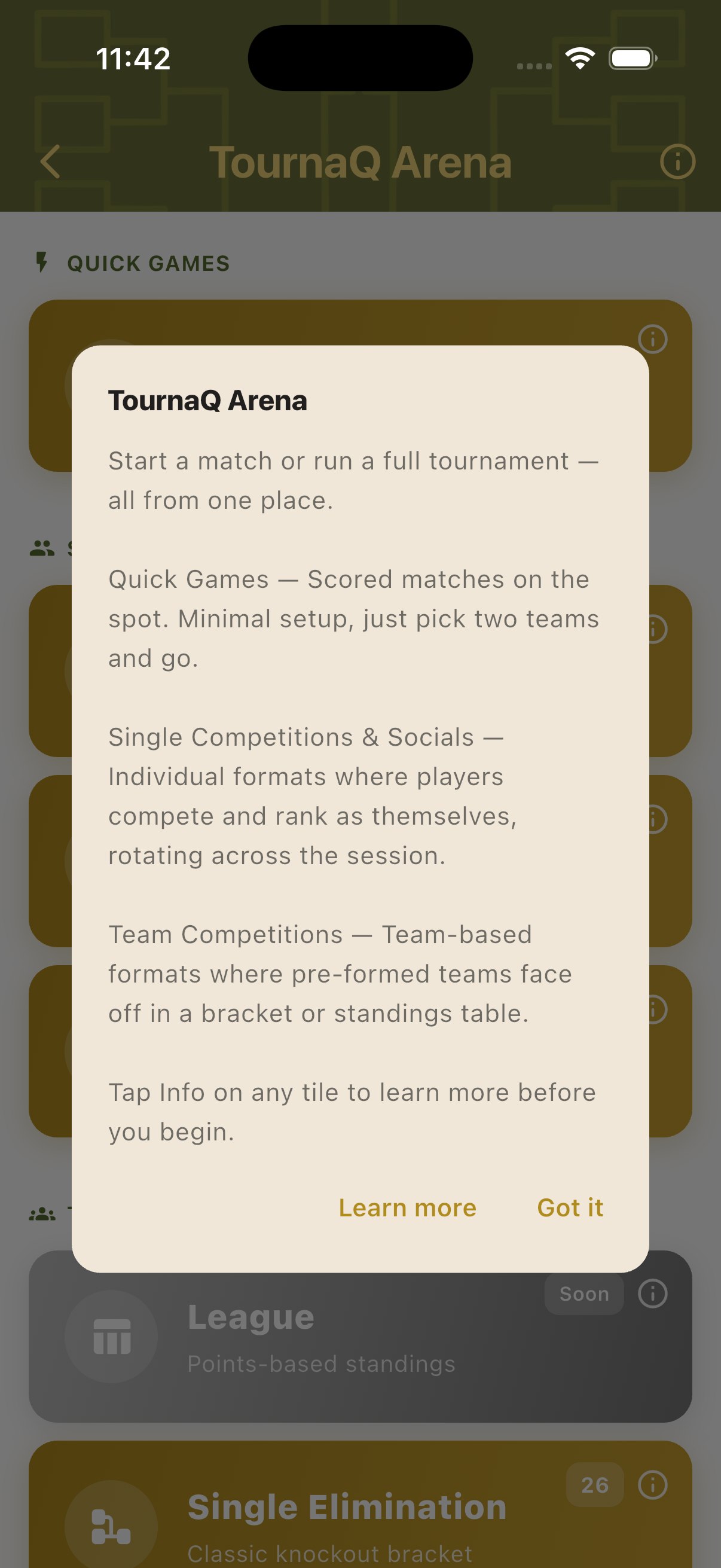 TournaQ Arena help tooltip explaining Quick Games Single Competitions and Team Competitions categories