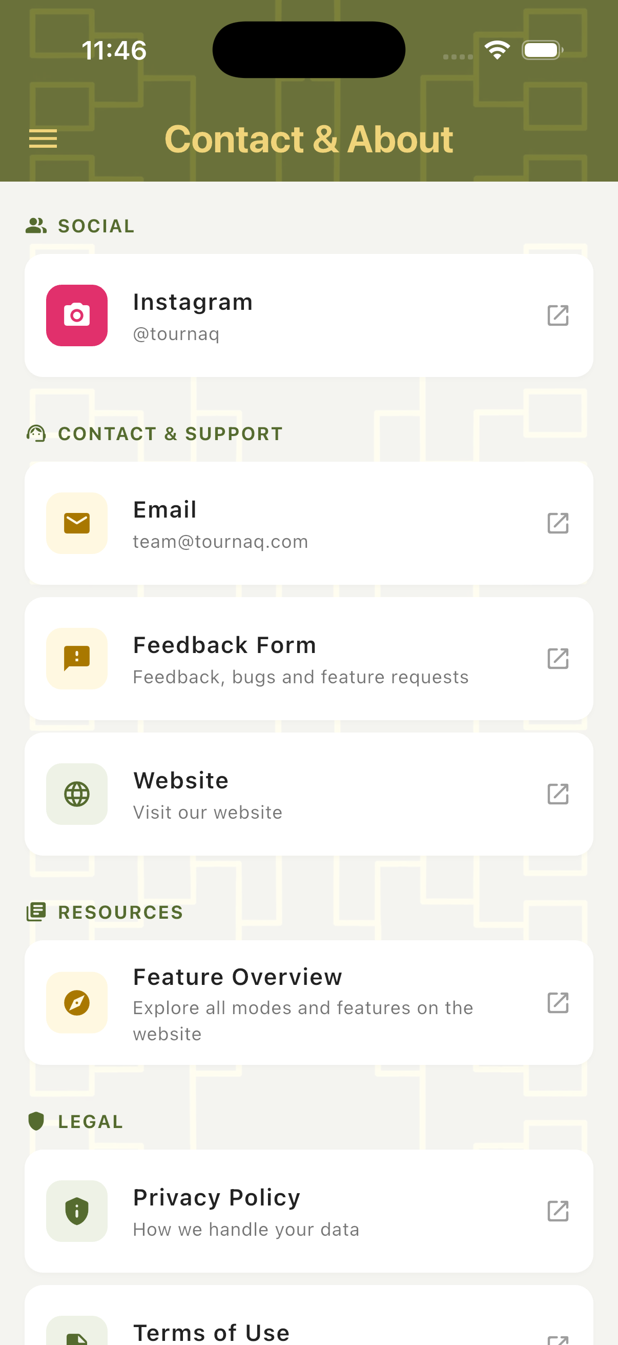 Contact and About screen showing Social Contact Support Resources and Legal sections