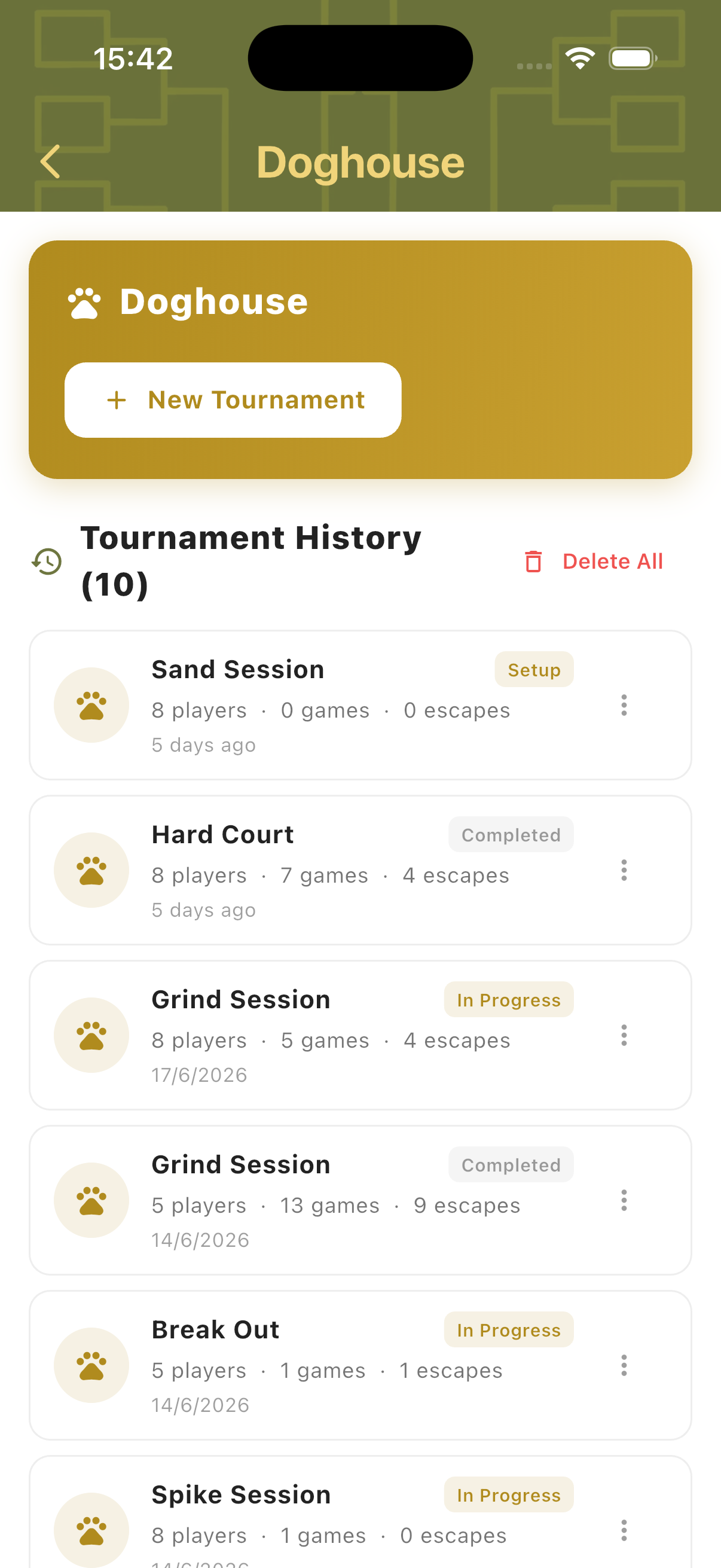 Doghouse hub showing tournament history with player counts, games played and escape counts