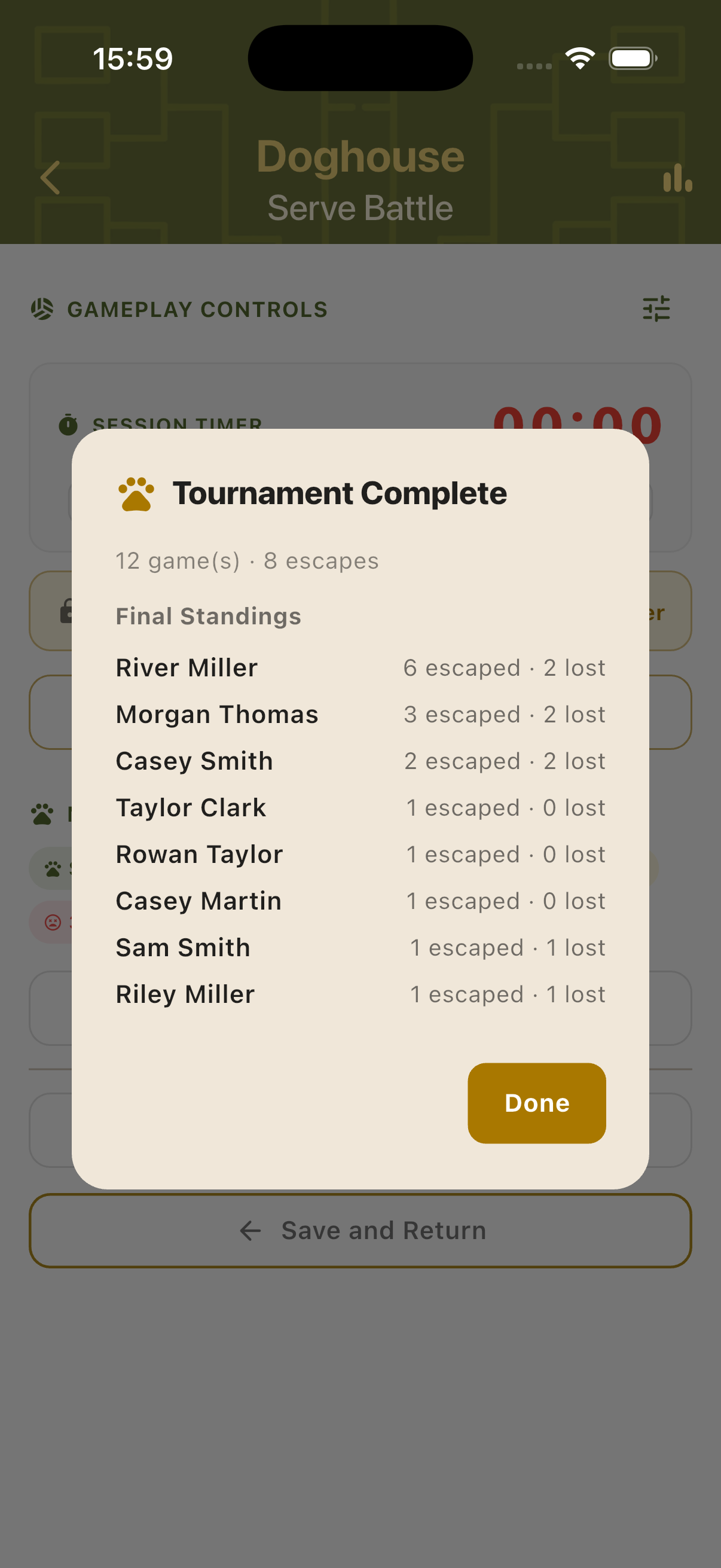 Tournament Complete dialog showing final standings with escape and loss counts per player