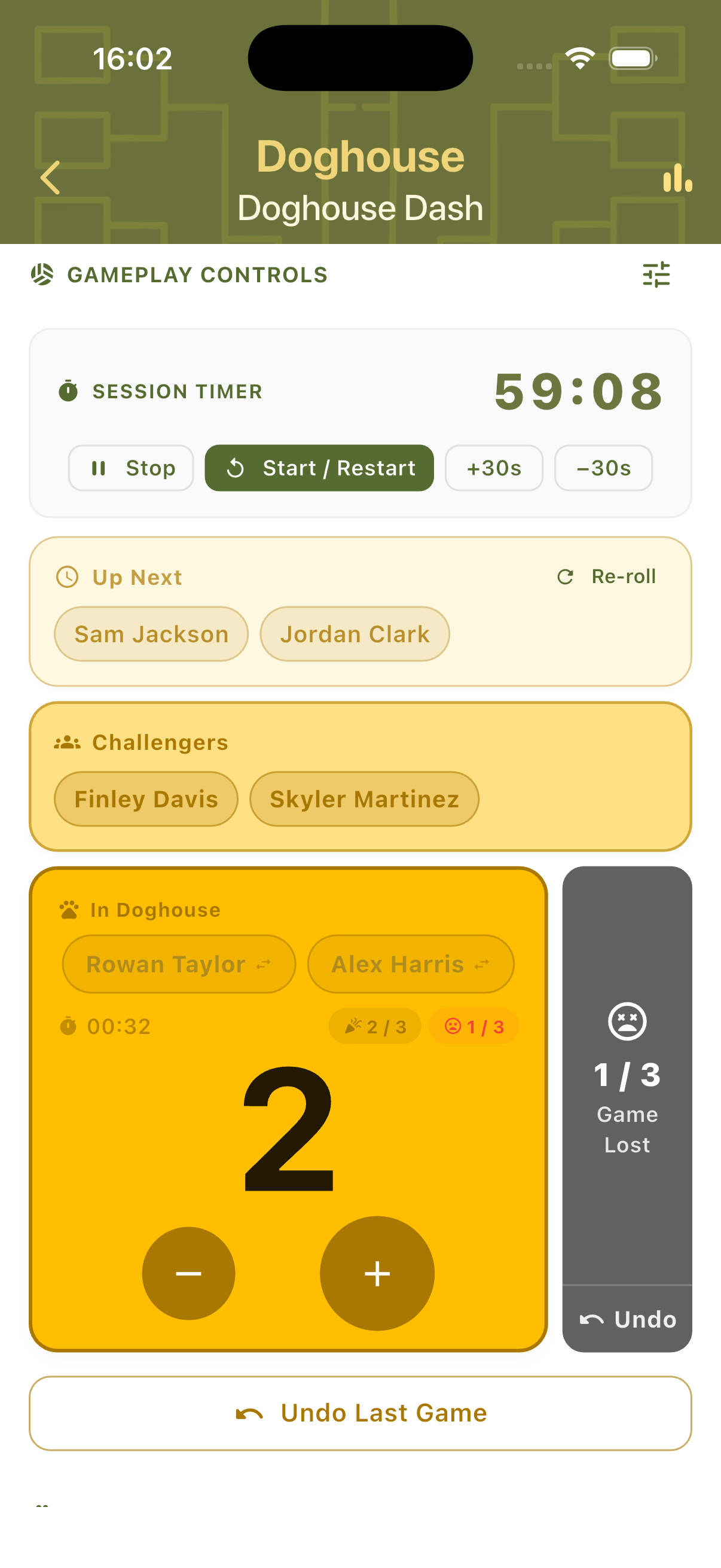 Automated mode scorecard with Up Next, Challengers and In Doghouse sections visible