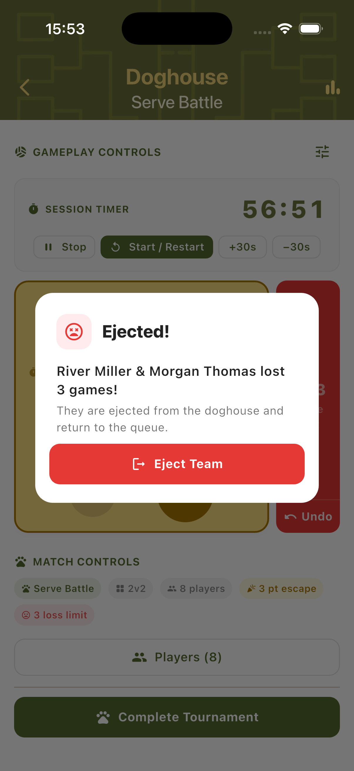 Ejected dialog in red confirming the team hit the loss limit and is returning to the queue