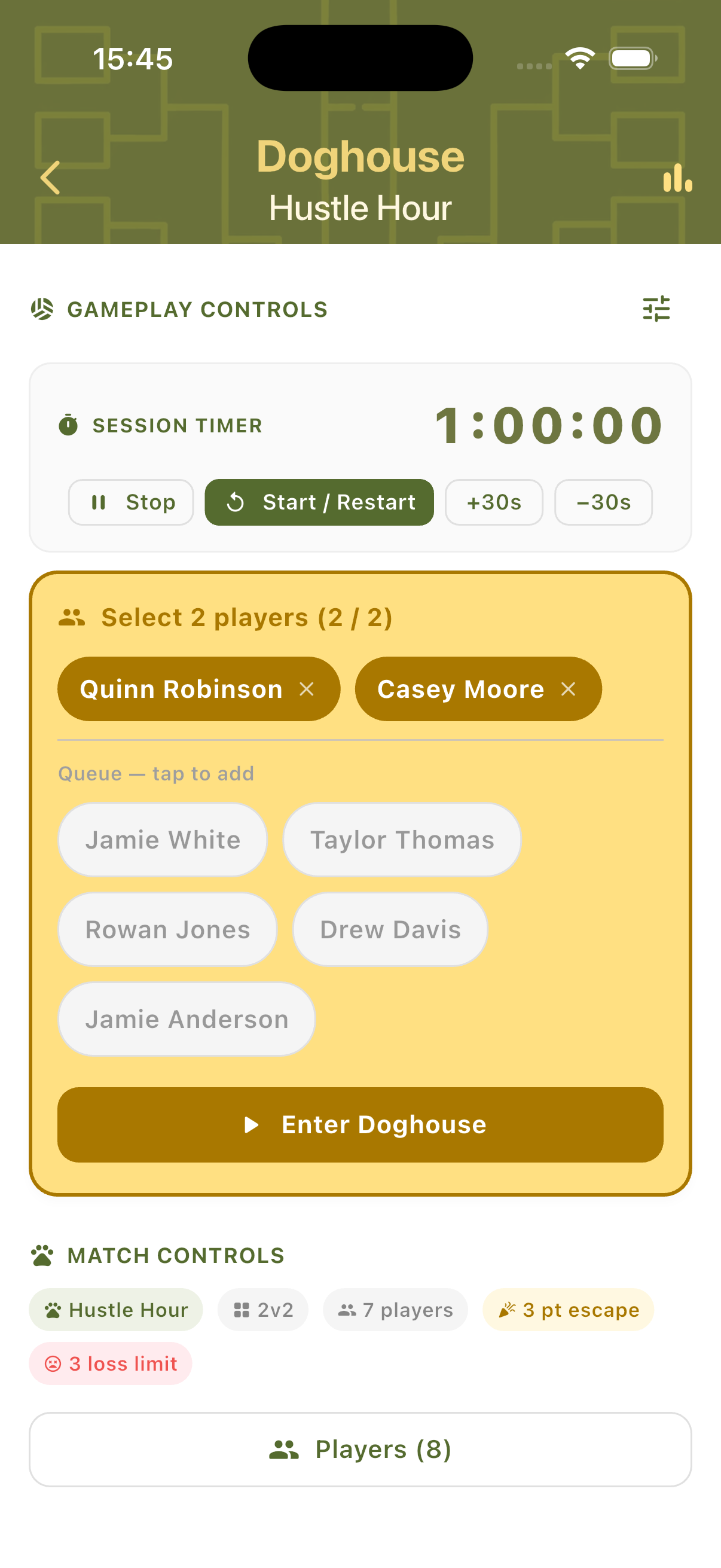 Two players selected and Enter Doghouse button active in gold