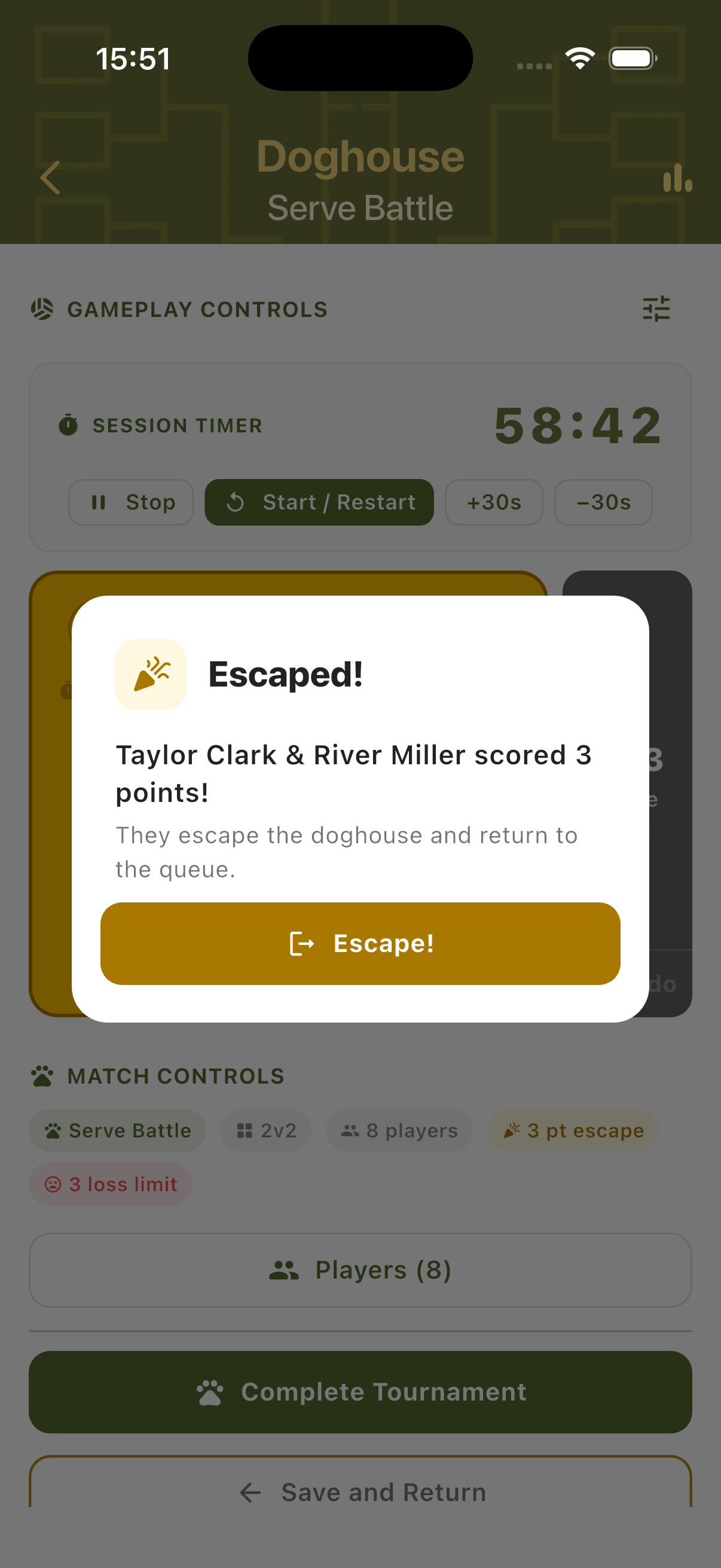 Escaped dialog with party celebration confirming the team earned enough points to escape
