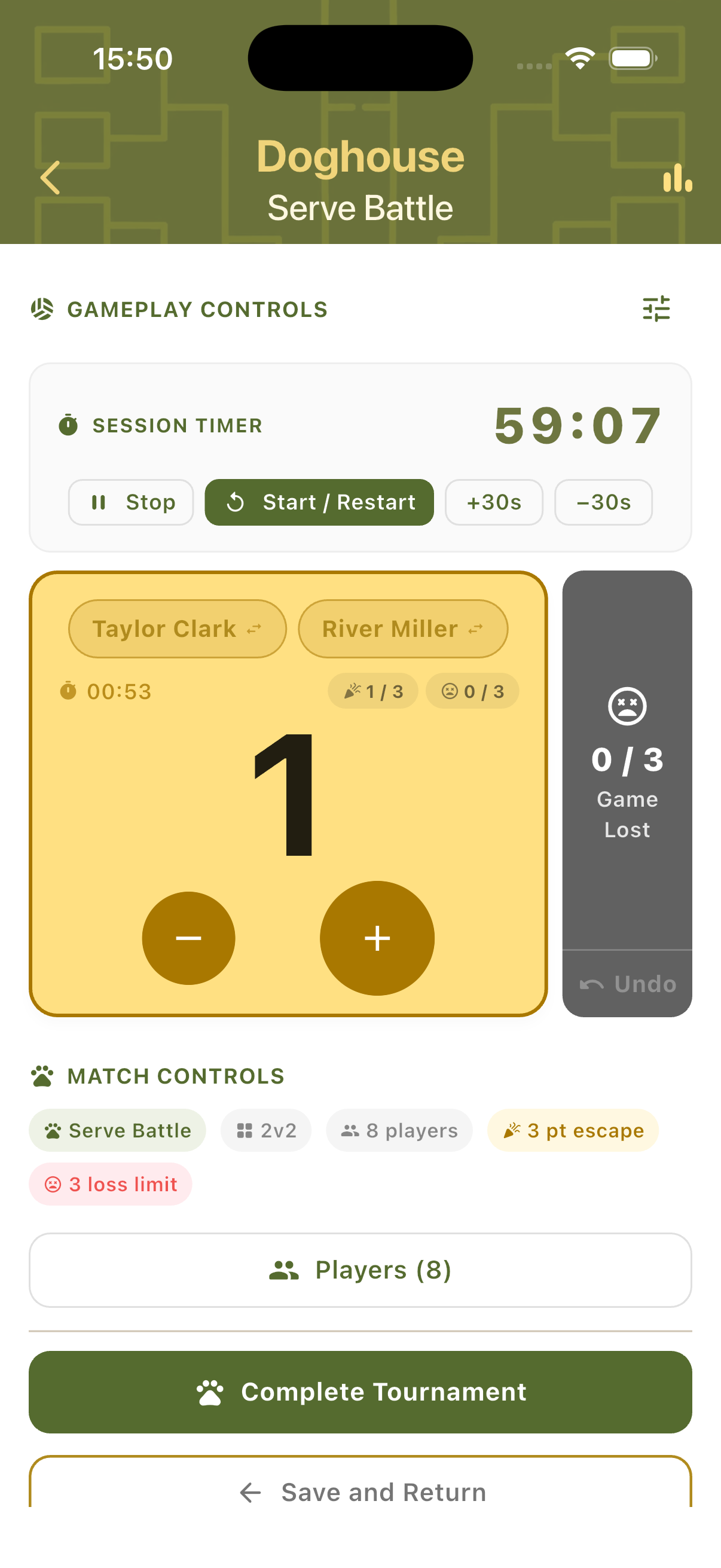Doghouse scorecard showing team card with escape counter loss counter and Game Lost panel