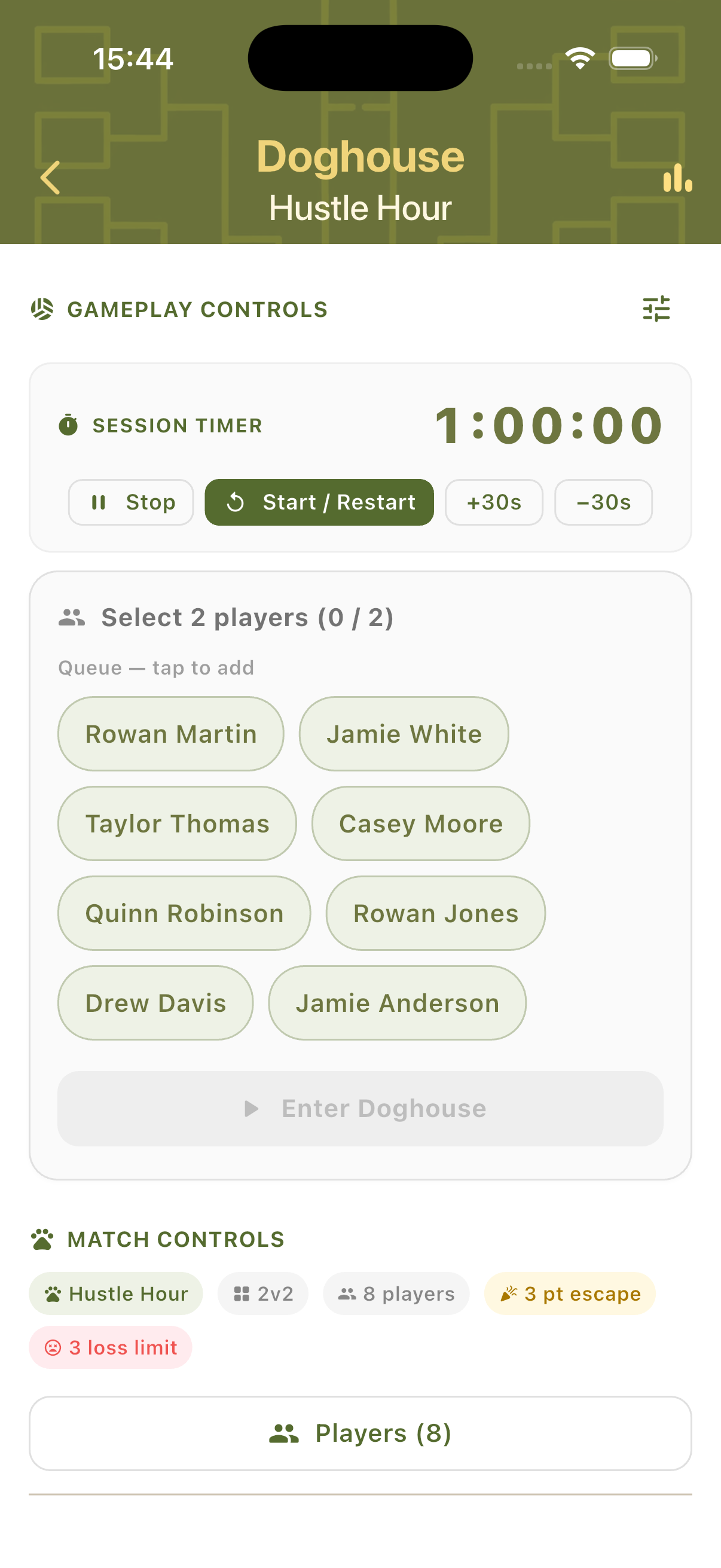 Manual mode player selection panel with all players as chips and disabled Enter Doghouse button