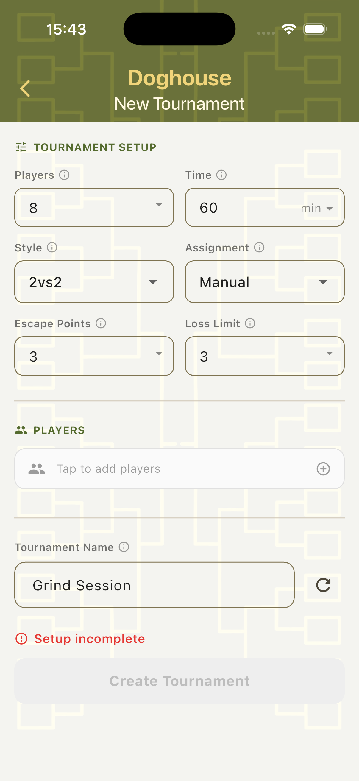 Doghouse setup form showing Players, Time, Style, Assignment, Escape Points and Loss Limit fields